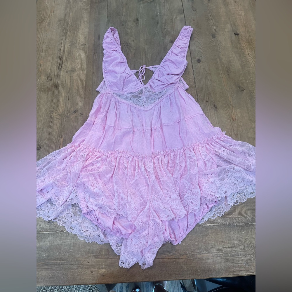Free People Pink Lace Tiered Romper Dress